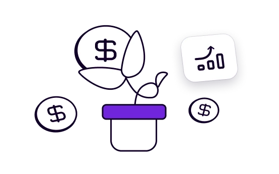 Cálculo de rendimientos Cuentasa Prex Icono de planta con moneda y gráfico bursátil que representa el cálculo diario de rendimientos de Cuentasa en Prex Chile.
